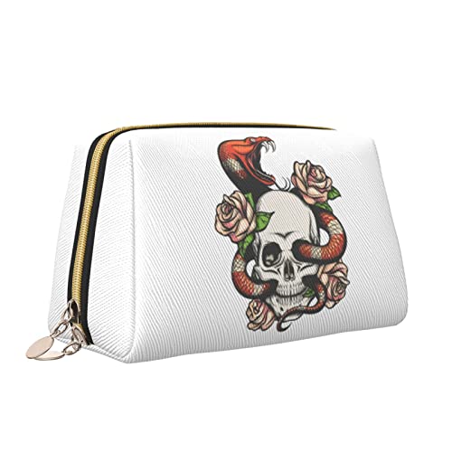 Süße Reise-Make-up-Tasche für Frauen, buntes Tattoo-Design, Totenkopf, Rose und Schlange, Kosmetiktasche aus Leder, tragbar, wasserdicht, kleine Make-up-Tasche, Organizer, Kulturbeutel für Teenager-M von Melbrakin