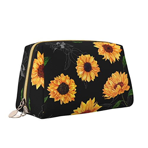 Süße Reise-Make-up-Tasche für Frauen, gelbe Sonnenblume, schwarzes Blumenmuster, Leder-Kosmetiktasche, Geldbörse, tragbar, wasserdicht, kleine Make-up-Tasche, Organizer, Kulturbeutel für Teenager-Mäd von Melbrakin
