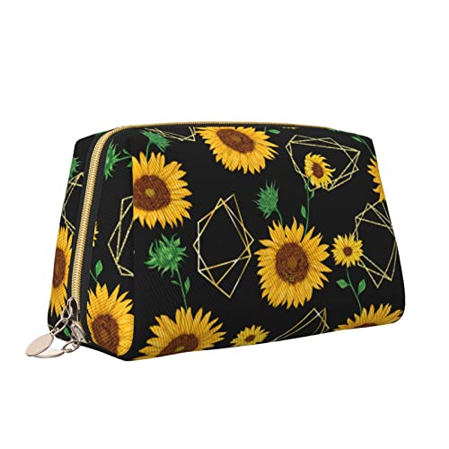 Süße Reise-Make-up-Tasche für Frauen, goldene geometrische Formen und Sonnenblumen, Leder-Kosmetiktasche, Geldbörse, tragbar, wasserdicht, kleine Make-up-Tasche, Organizer, Kulturbeutel für Teenager- von Melbrakin