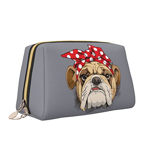 Süße Reise-Make-up-Tasche für Frauen, lustige Bulldogge, Welpe, Hund mit Stirnband, Leder, Kosmetiktasche, Geldbörse, tragbar, wasserdicht, kleine Make-up-Tasche, Organizer, Kulturbeutel für Teenager von Melbrakin