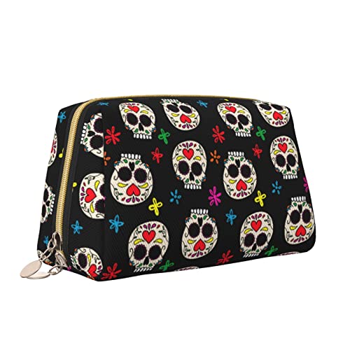 Süße Reise-Make-up-Tasche für Frauen, mexikanische Zuckerschädel, Leder-Kosmetiktasche, Geldbörse, tragbar, wasserdicht, kleine Make-up-Tasche, Organizer, Kulturbeutel für Teenager-Mädchen, Pinsel, S von Melbrakin