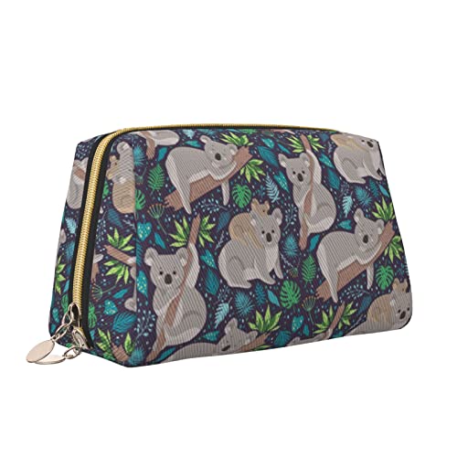 Süße Reise-Make-up-Tasche für Frauen, niedlicher Koala umgeben von tropischen Blättern, Leder-Kosmetiktasche, Geldbörse, tragbar, wasserdicht, kleine Make-up-Tasche, Organizer, Kulturbeutel für Teena von Melbrakin