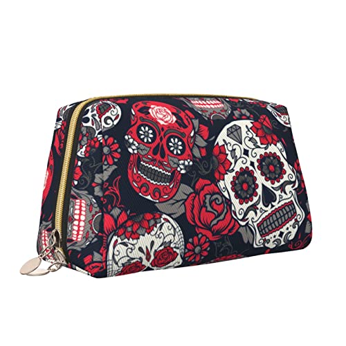 Süße Reise-Make-up-Tasche für Frauen, roter lächelnder Totenkopf, Leder-Kosmetiktasche, Geldbörse, tragbar, wasserdicht, kleine Make-up-Tasche, Organizer, Kulturbeutel für Teenager-Mädchen, Pinsel, S von Melbrakin