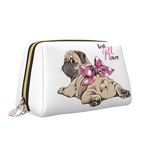Süße Reise-Make-up-Tasche für Frauen, süßes beigefarbenes Welpe-Rosa-Punkt-Schleife, handgezeichnete Leder-Kosmetiktasche, Geldbörse, tragbar, wasserdicht, kleine Make-up-Tasche, Organizer, Kulturbeu von Melbrakin