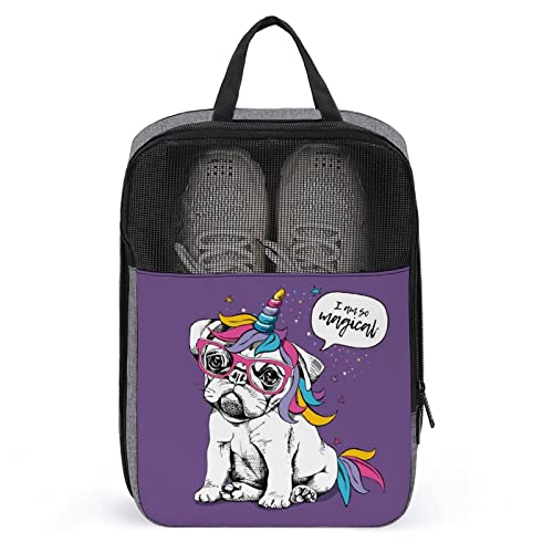 Welpe Bulldogge Einhorn in leuchtenden Farben, Schuhbeutel für Reisen, Schuhbeutel, wasserdicht, große Schuhaufbewahrungstasche für Männer und Frauen, Reisekoffer, Schuh-Organizer mit Reißverschluss von Melbrakin