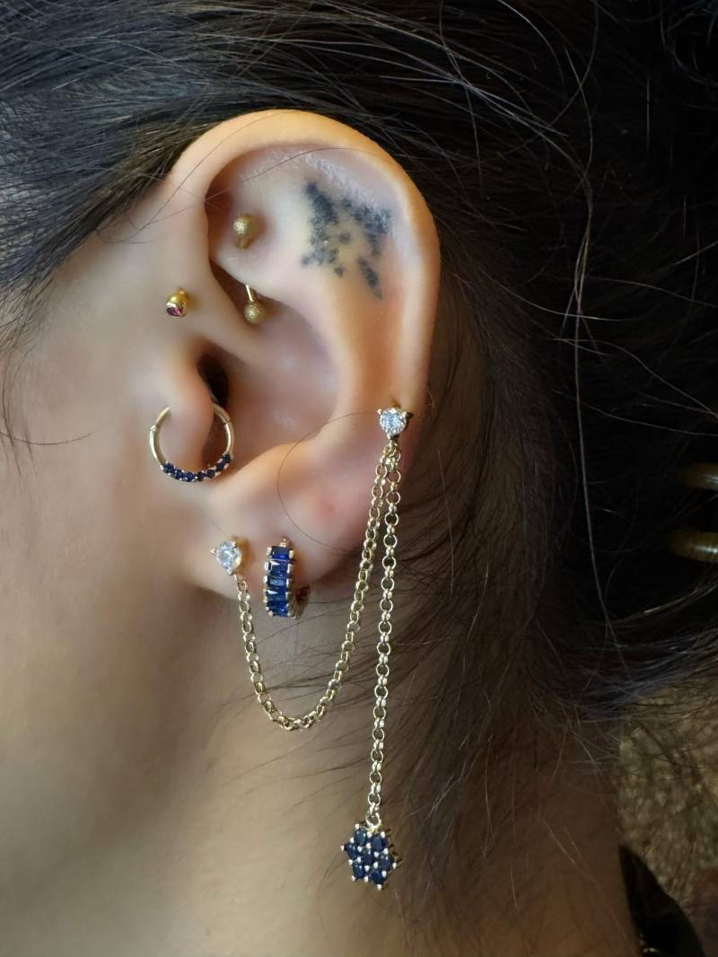 14K Gold Baumeln Ohrringe, Doppel Ohrstecker Tropfen Trendige Goldohrringe, Goldkette Zierliche Baumelnde Blumenohrringe von MeldenJewels