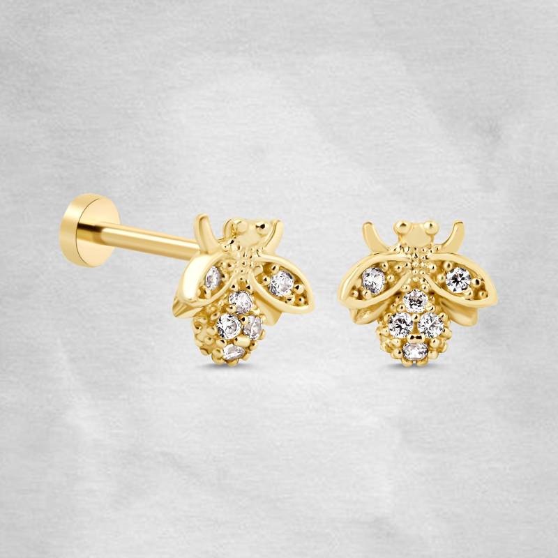 14K Solid Gold Zierliche Biene Ohrstecker, Honig Tragus, Zierlich Tier Knorpel Flatback Piercing, Sommer Stil Ohrring von MeldenJewels
