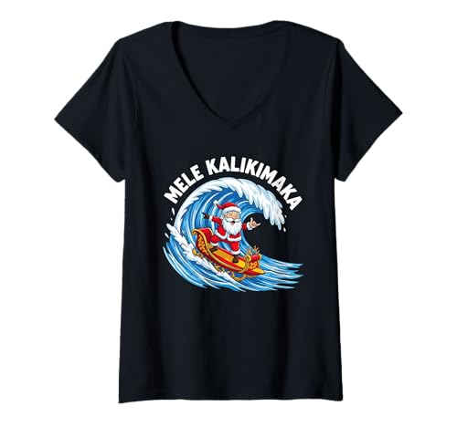 Damen Surfen Santa Mele Kalikimaka Hawaiian Holiday T-Shirt mit V-Ausschnitt Damen Surfen Santa Mele Kalikimaka Hawaiian Holiday T-Shirt mit V-Ausschnitt von Mele Kalikimaka Hawaiian Christmas Island Shirts