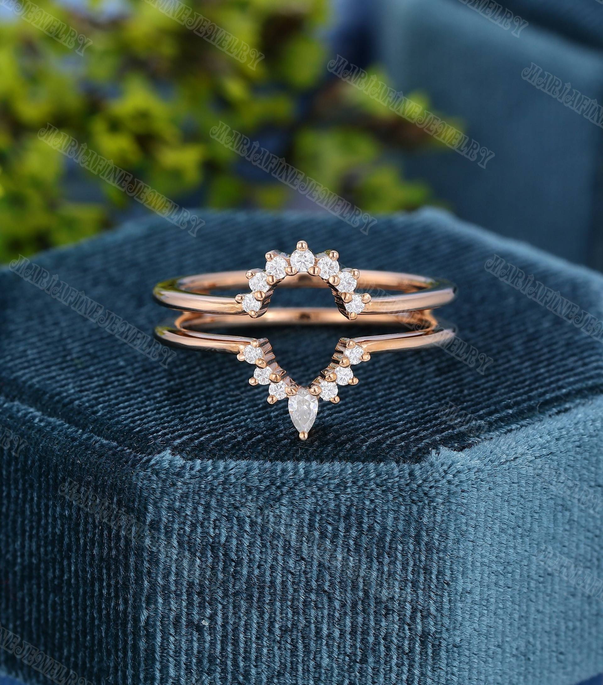 Doppelt Geschwungener Diamant/Moissanit Ehering Vintage Birnenförmiger Roségold-Enhancer Ring Einzigartige Braut Stapeln Passender Versprechen von MeleJewelryUS