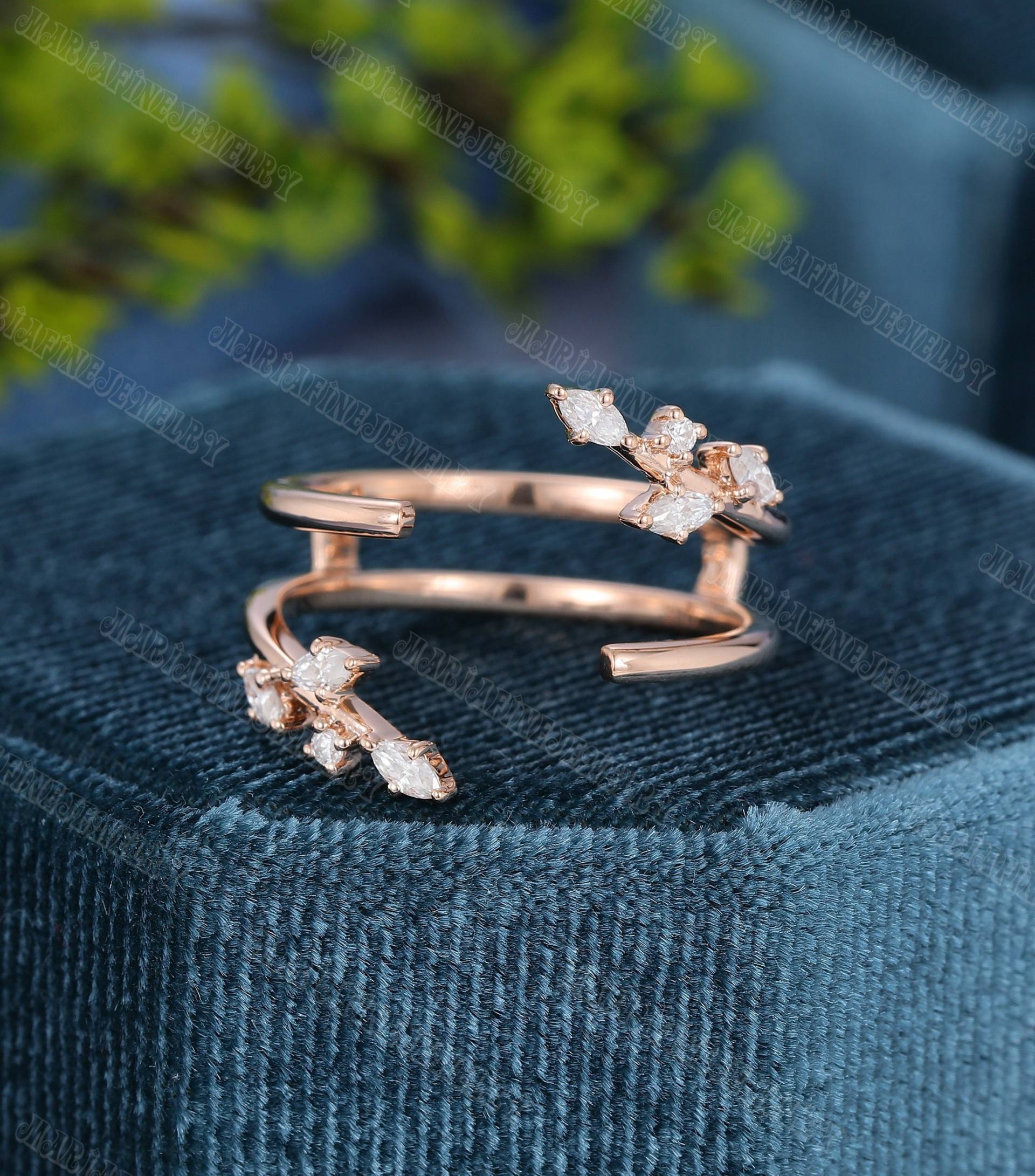 Doppelte Gebogene Ehering Rose Gold-Enhancer Ring Vintage Marquise Diamant Offene Stapel Passend Braut Hochzeit Versprechen Jahrestag Geschenk von MeleJewelryUS