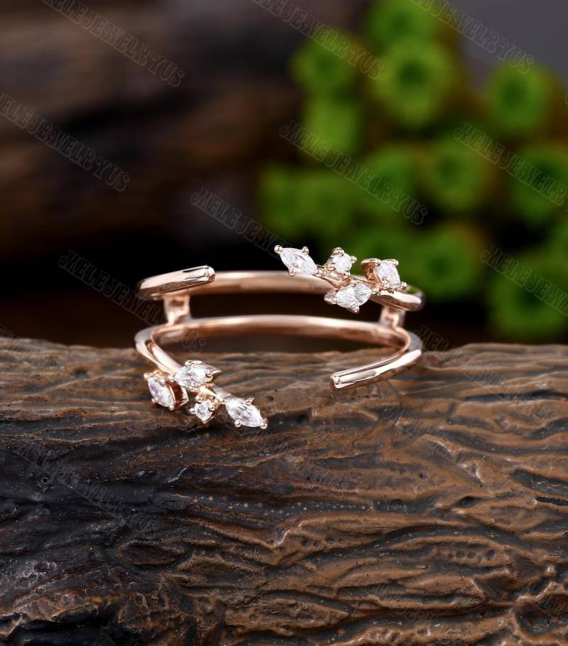 Doppelt Geschwungener Ehering Roségold-Vergrößererring Vintage Marquise Diamant Offenes Stapeln Passendes Brauthochzeitsversprechen von MeleJewelryUS