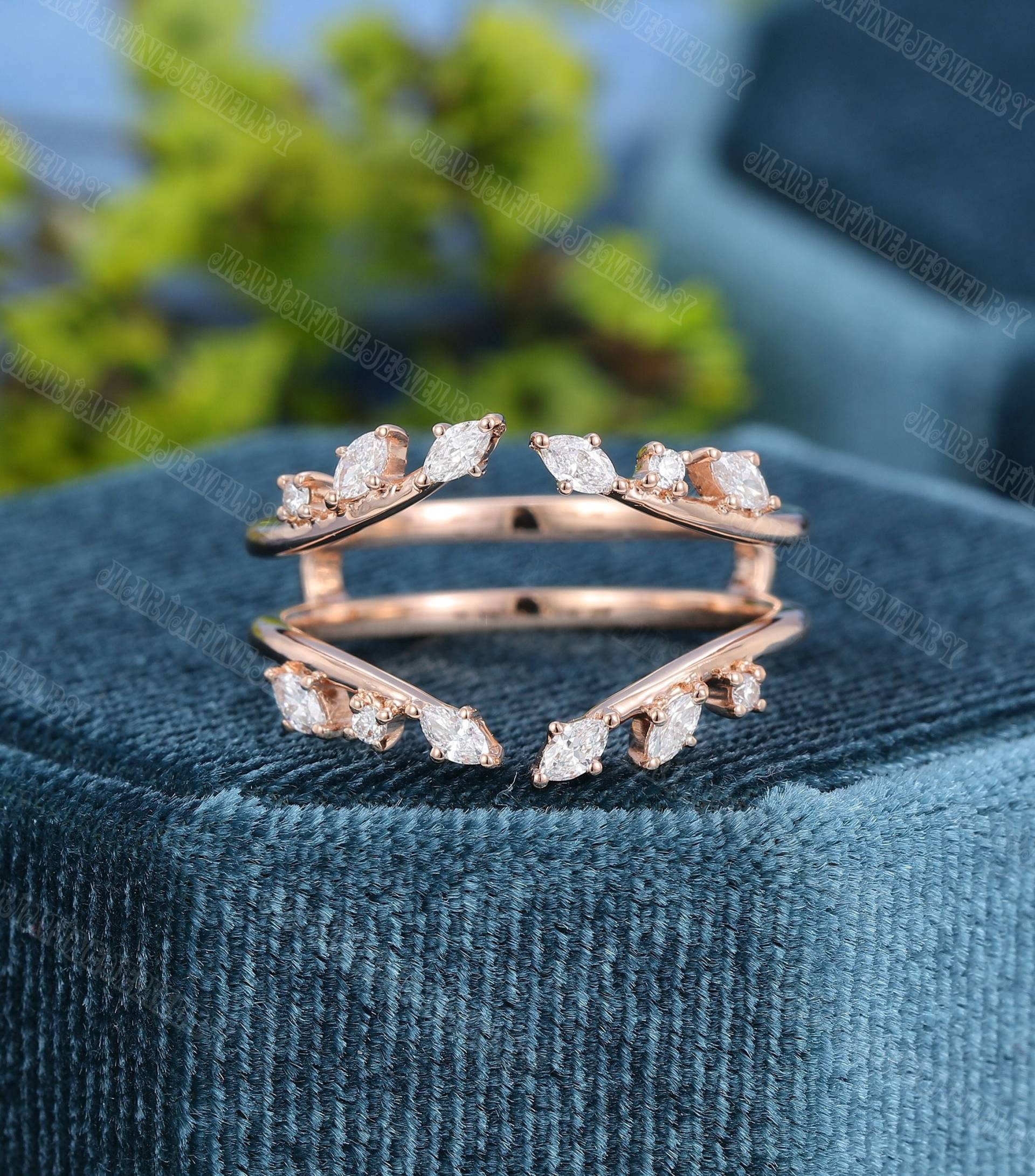 Doppelte Geschwungene Ehering Rose Gold-Enhancer Ring Vintage Marquise Diamant Stapeln Passend Braut Hochzeit Versprechen Jubiläumsgeschenk von MeleJewelryUS