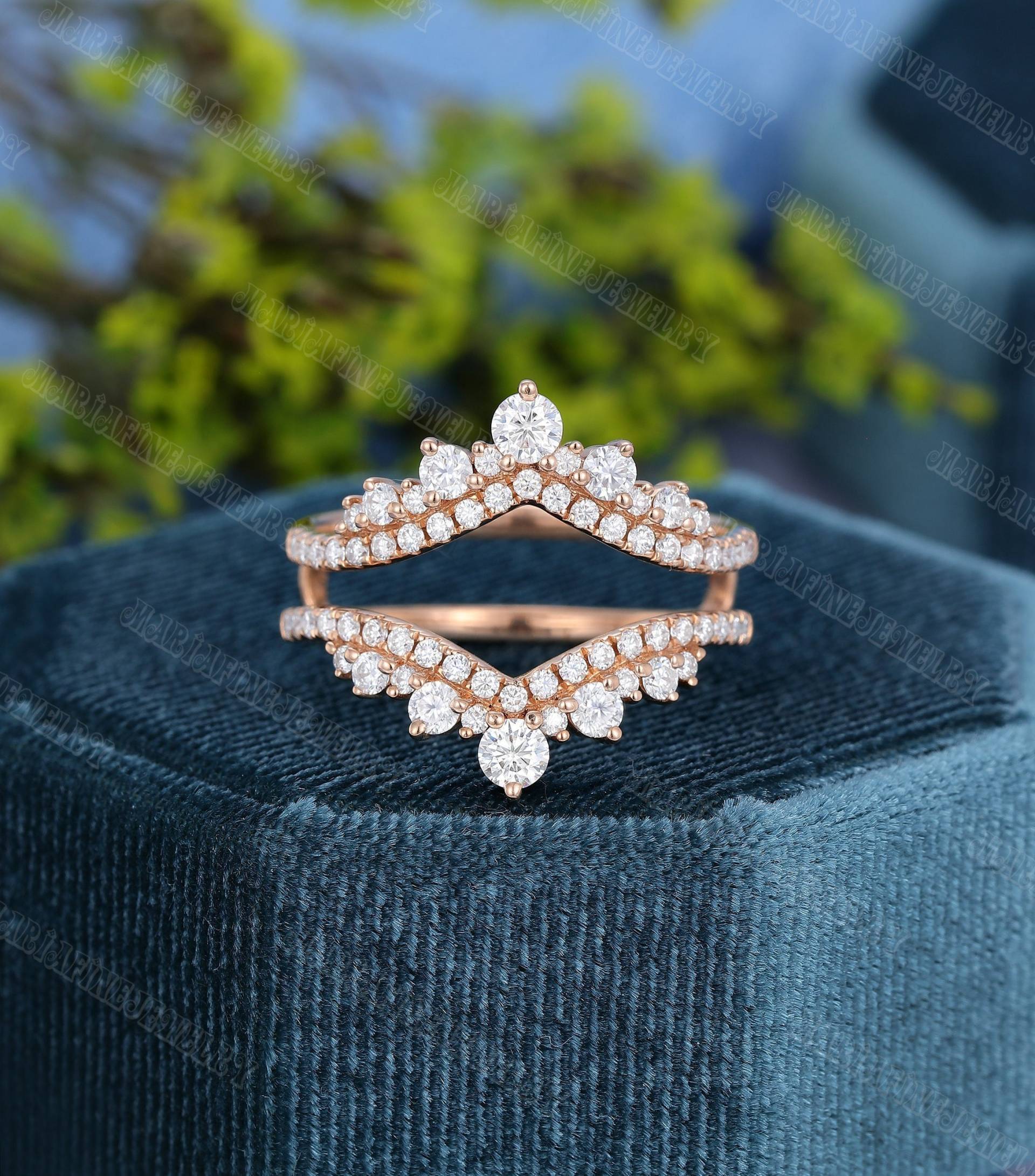 Double Curved Diamond Ehering Vintage Rose Gold Moissanite Verstärker Ring Einzigartige Hochzeit Braut Art Deco Stacking Matching Promise Geschenk von MeleJewelryUS