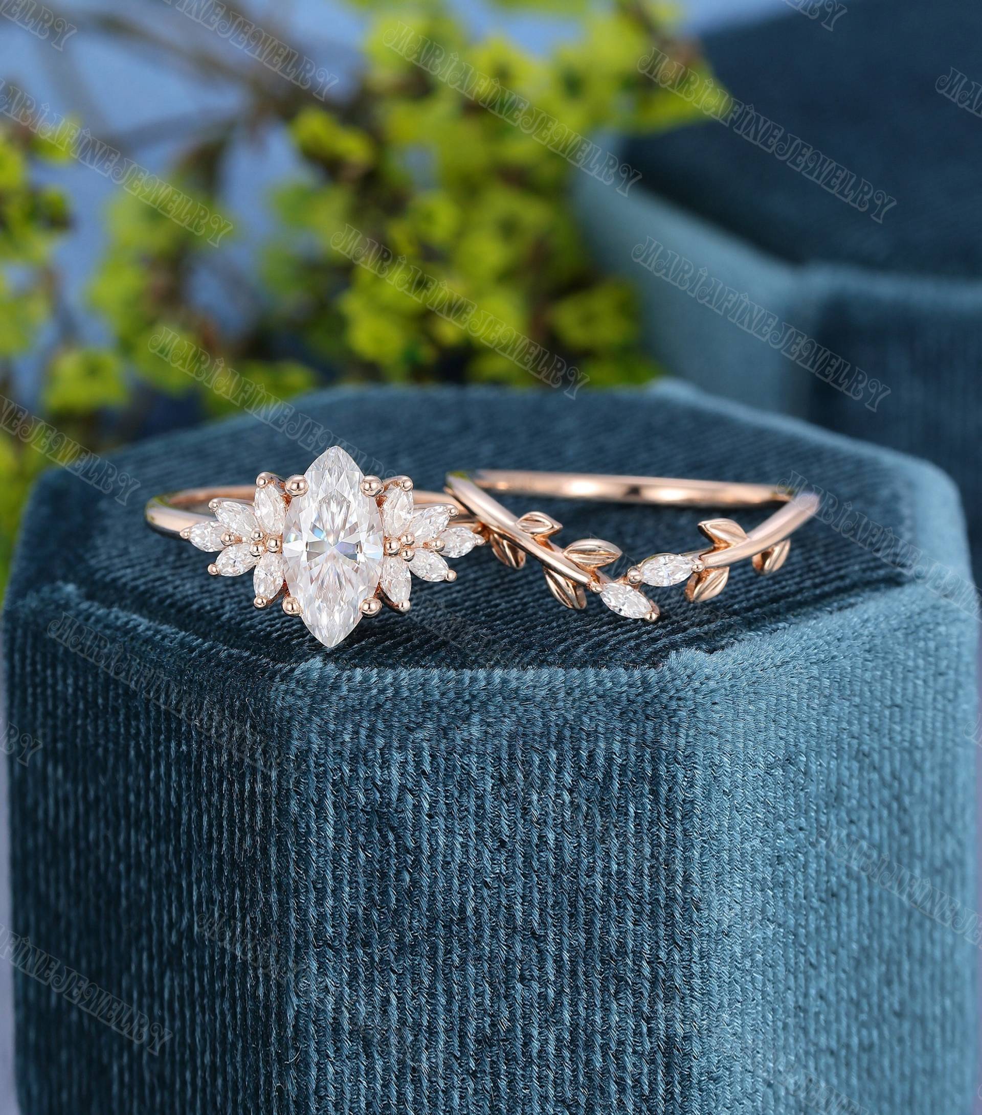 Einzigartige Marquise Schliff Moissanite Verlobungsring Set Cluster Rose Gold Vintage Diamant Hochzeit Braut Jubiläum Versprechen Geschenk von MeleJewelryUS