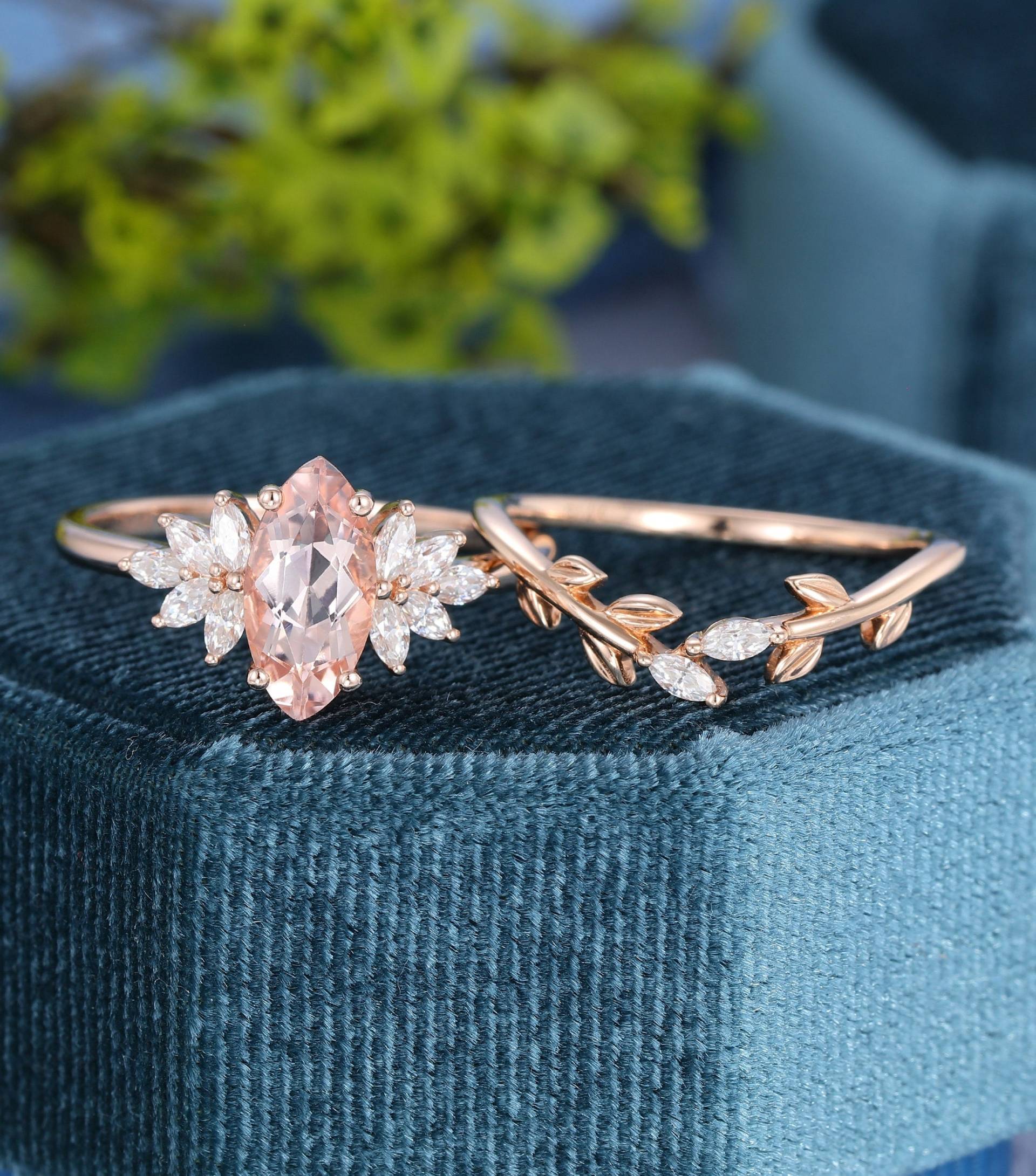 Einzigartige Marquise Schliff Morganit Verlobungsring Set Cluster Rose Gold Vintage Diamant Hochzeit Braut Jubiläum Versprechen Geschenk von MeleJewelryUS