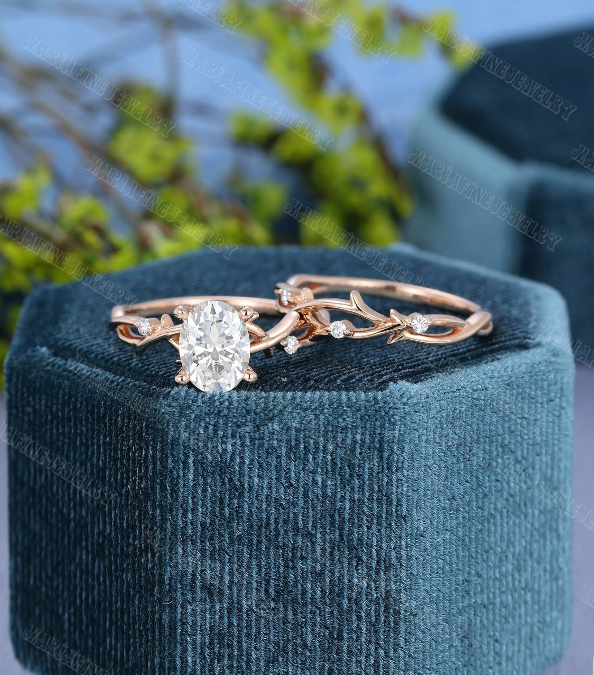 Einzigartiger Ovaler Schliff Moissanit Verlobungsring Set Vintage Zweig Rose Gold Frauen Art Deco Diamant Hochzeit Braut Jahrestag Geschenk von MeleJewelryUS