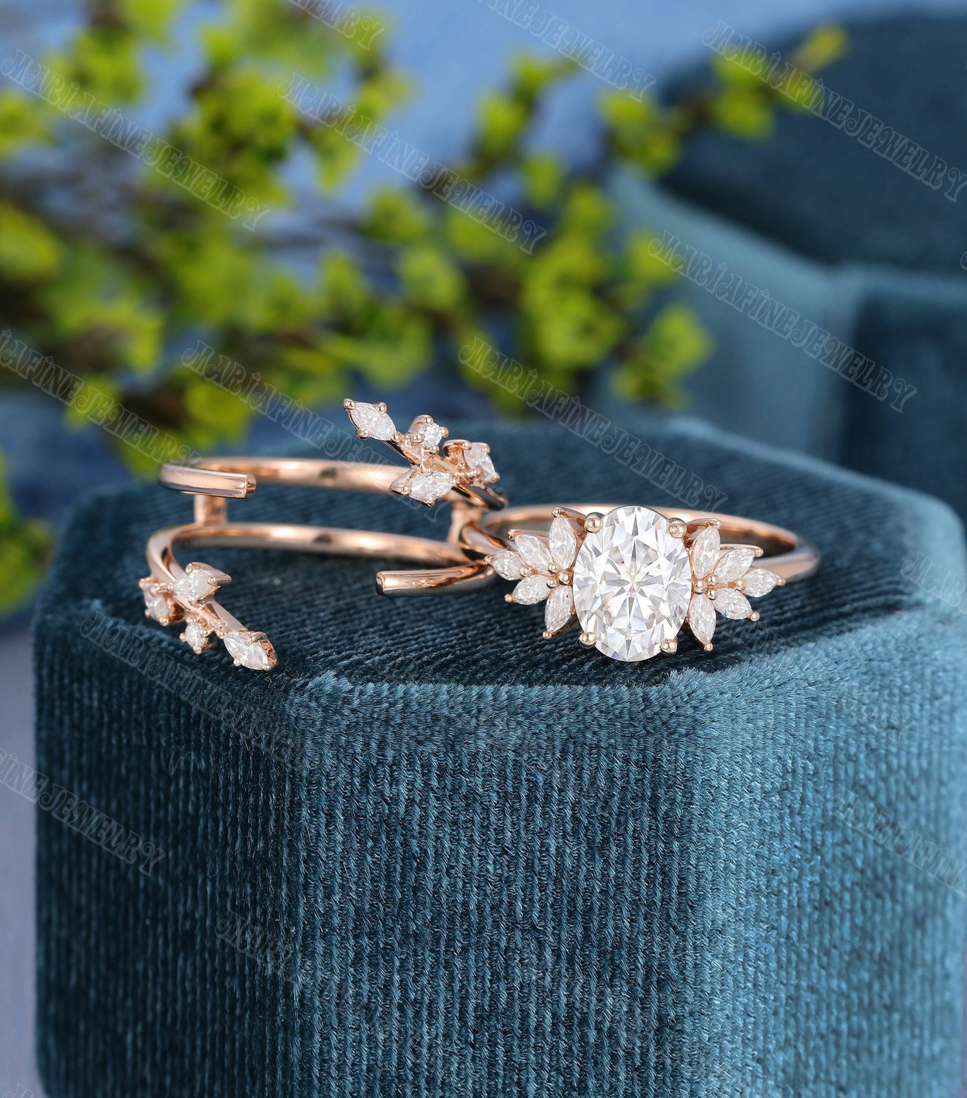 Einzigartiger Ovalschliff Moissanite Verlobungsring Set Rosegold Cluster Frauen Vintage Doppel Gebogener Diamant Hochzeitsversprechen Geschenk von MeleJewelryUS