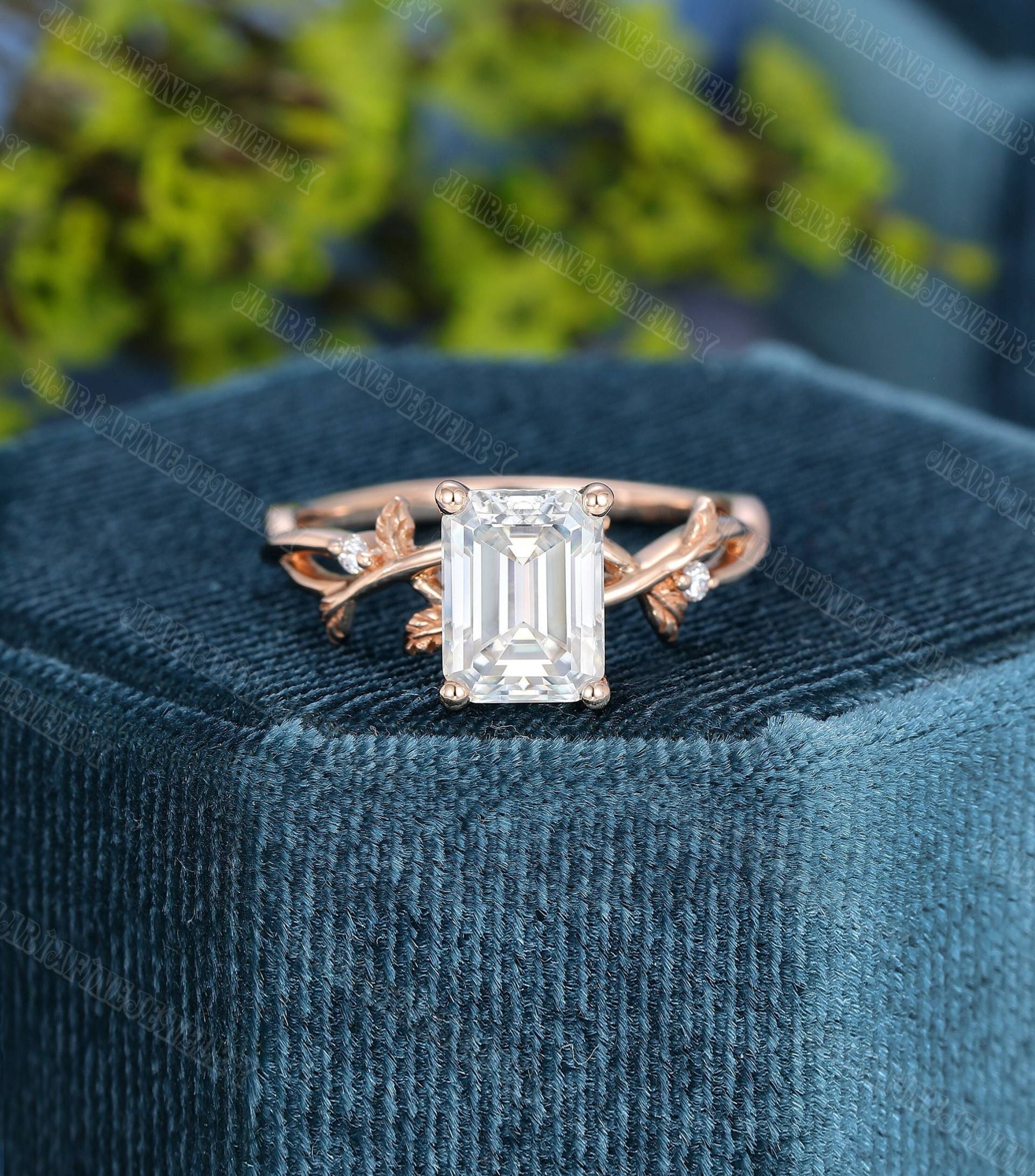 Einzigartiger Smaragdschliff Moissanit Verlobungsring Frauen Vintage Zweig Rose Gold Art Deco Diamant Hochzeit Braut Jahrestag Geschenk von MeleJewelryUS