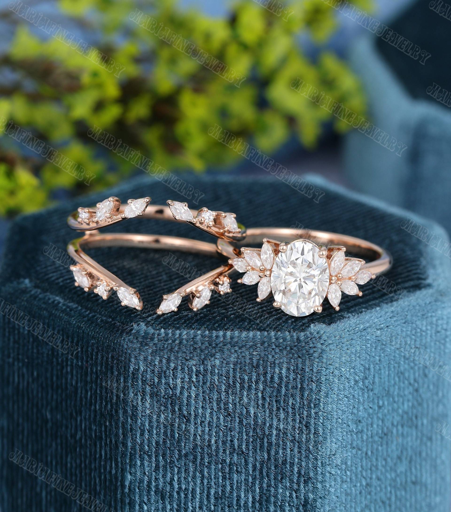 Ovalschliff Moissanit/Lab Diamant Verlobungsring Set Roségold Vintage Einzigartiges Marquise Doppelt Gebogenes Versprechen Geschenk von MeleJewelryUS