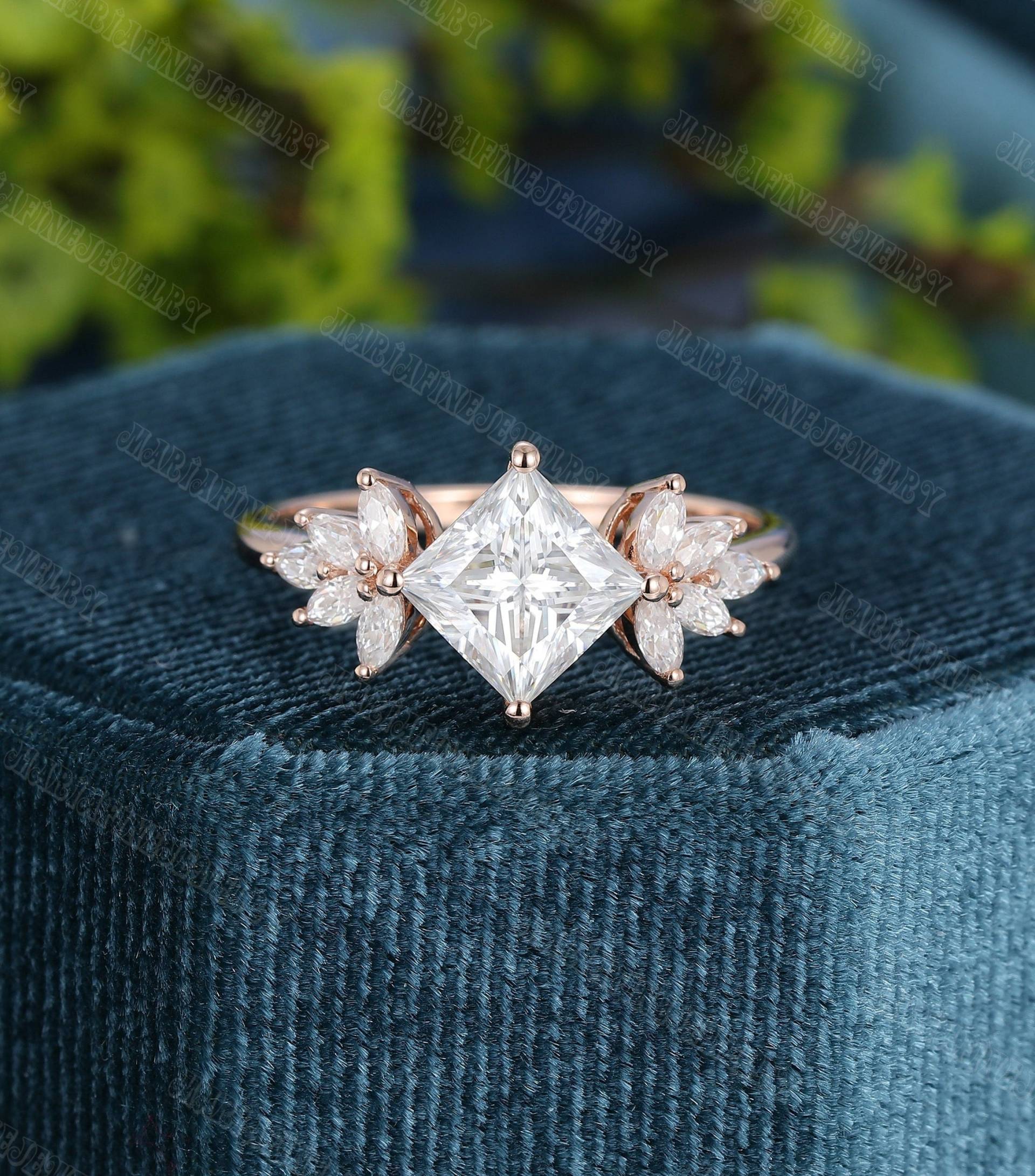 Rosegold Verlobungsring Unikat Vintage Prinzessin Schliff Moissanit Cluster Marquise Diamant Hochzeit Jahrestag Geschenk von MeleJewelryUS