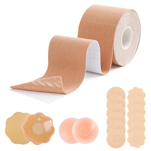 Boob Tape Klebe BH Push Up, Nippli Tape, Trägerloser BH Push Up, Brust Tape für Grosse Brüste, Strapless Bra Gig Breasts, Fashion Tape, 2 Silikon Brüste Nippelpads, Body Tape für Körbchengrößen A-G von Meleager