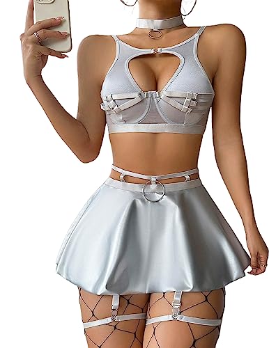 Melelly Dessous für Frauen Chemise Babydoll Strumpfband Rock Dessous Set S-XL, silber, Medium von Melelly