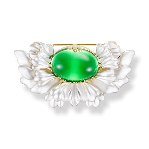 Melhill Edelstein Emaille Brosche Smaragd Achat Floral Vintage Statement Geschenk für Frauen Gelbgold Smaragd Achat von Melhill