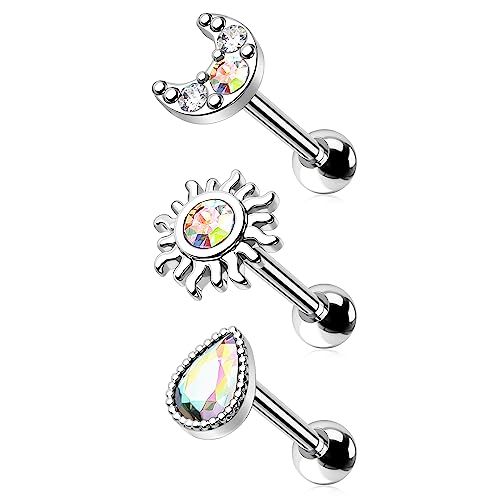 Melighting 16g Knorpelohrringe Sonne 3pcs Helix Piercing Schmuck Knorpelpiercings Regenbogen Edelstein Tragus, Conch, Lobe Piercings Chirurgischer Stahl Helix Ohrringe für Frauen von Melighting