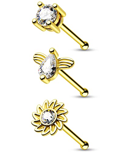 Melighting 20G Gold L Bend Nasenringe Set Nasenpiercing Stecker Floral Nasenknochen Chirurgenstahl 316L Nasenstecker Piercing Schmuck für Frauen Mädchen, Zirkonia, Edelstahl, Stahl von Melighting