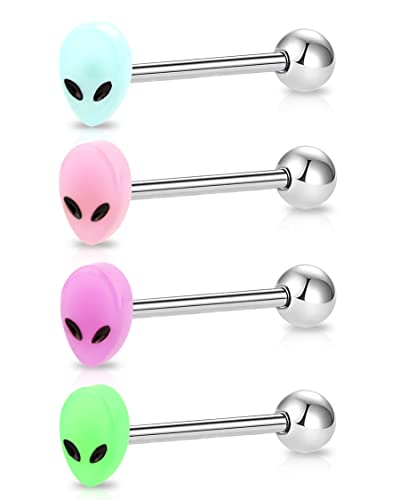 Melighting 4 Stück Zungenpiercings Glow in The Dark Zungenpiercing Bar Alien Zungenringe 14G 316L Edelstahl Zungenpiercing Barbell Schmuck Tongue Piercings for Women von Melighting