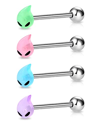 Melighting 4 Stück Zungenpiercings Glow in The Dark Zungenpiercing Bar Alien Zungenringe 14G 316L Edelstahl Zungenpiercing Barbell Schmuck Tongue Piercings for Women von Melighting