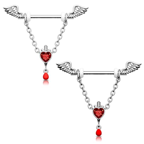 Melighting Halloween Dangle Nipple Rings CZ Nipple Bars 316L Stainless Steel Nipple Bars Wings Nipple Jewellery Heart Nipple Barbell for Women, 14G 14MM, Edelstahl von Melighting