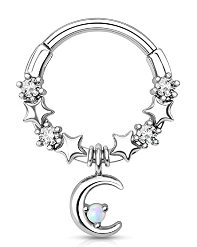 Melighting Moon Septum Piercing Schmuck 16G Dangle Helix Ohrringe Knorpel Piercing Hoop Ohrring Septum Ring Chirurgenstahl Scharnier Ring Conch Hoops Daith Piercing Schmuck für Frauen, Opal, Zirkonia, von Melighting