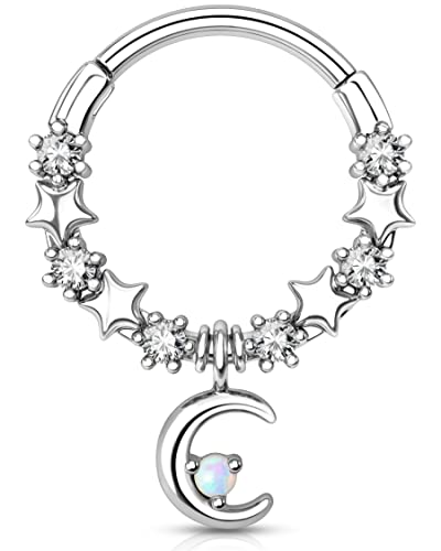 Melighting Mond-Septum-Piercing-Schmuck, 16 g, baumelnde Helix-Ohrringe, Knorpel-Piercing, Septum-Ring, Chirurgenstahl, Scharnierring, Conch-Hoops, Daith-Piercing-Schmuck für Frauen, Opal, Zirkonia, von Melighting