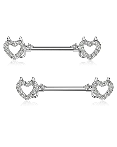 Melighting Teufel Brustwarzenringe 14G Brustwarzenpiercing Bars 316L Chirurgenstahl Nippel Barbell Herz Nippel Piercing Schmuck für Frauen Mädchen, Edelstahl, Stahl von Melighting