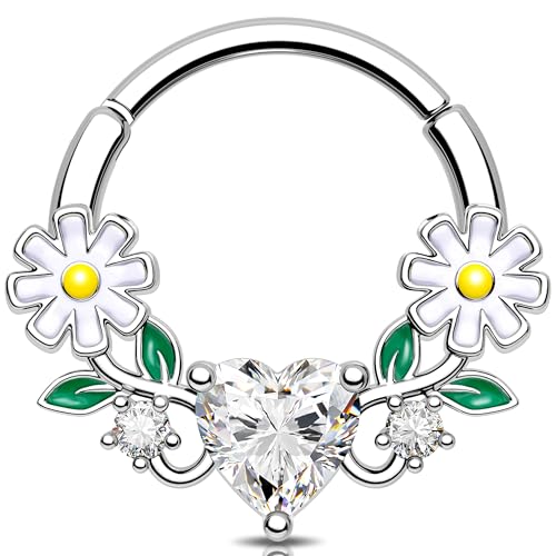 Melighting Septum Ring Blume Knorpel Ohrring Herz CZ Helix Ohrring 16G Daith Piercing Schmuck für Frauen, 8 mm, Edelstahl von Melighting