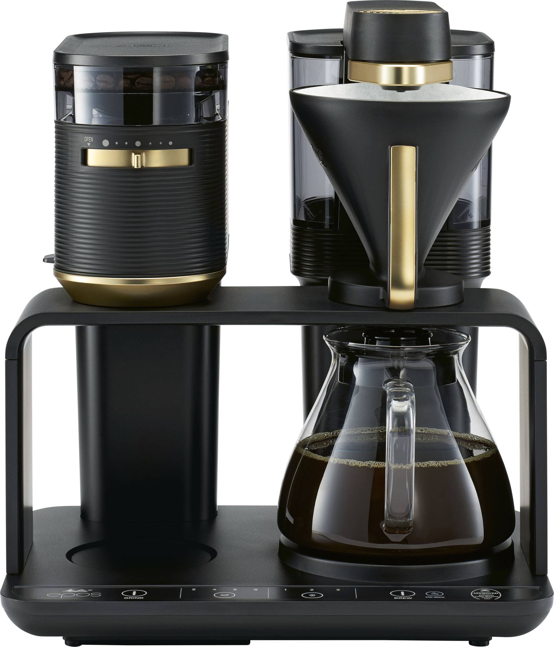 Melitta Kaffeemaschine mit Mahlwerk "EPOS 1024-04" 1 l Kaffeekanne Papierfilter 1x4 Schwarz/Gold, 360rotierender Wasserauslauf von Melitta