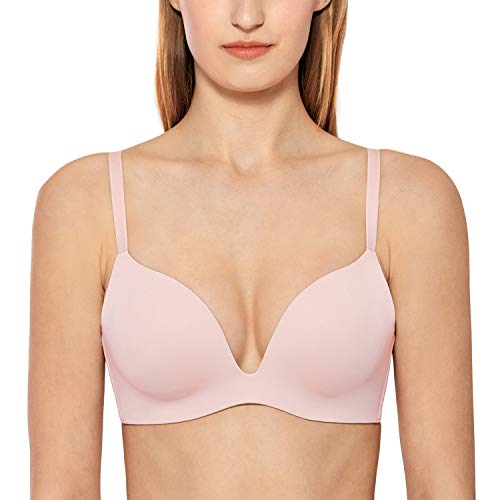 Meliwoo Damen Push up T-Shirt BH - Ohne bügel, Abnehmbare Trägern mit Nahtlosen Cups Nacktes Rosa 90D von Meliwoo