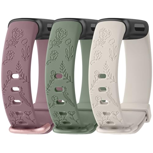 Meliya Kompatibel mit Fitbit Inspire 3 Bändern für Damen und Herren, mit Blumengravur, Silikonarmband, Ersatzarmband für Fitbit Inspire 3 Fitness-Tracker, Rauchviolett + Grün + Sternenlicht von Meliya