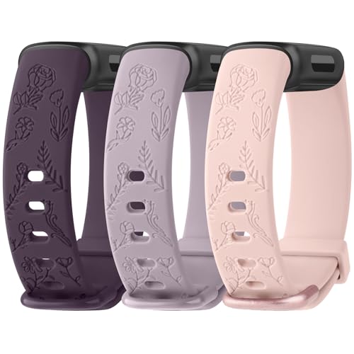 Meliya Kompatibel mit Fitbit Inspire 3 Bändern für Damen und Herren, mit Blumengravur, Silikonarmband, Ersatzarmband für Fitbit Inspire 3 Fitness-Tracker (Dunkelkirsche + Lavendelgrau + Rosa) von Meliya