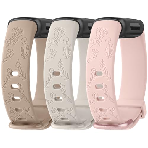 Meliya Kompatibel mit Fitbit Inspire 3 Bändern für Damen und Herren, mit Blumengravur, Silikonarmband, Ersatzarmband für Fitbit Inspire 3 Fitness-Tracker (Milchtee + Sternenlicht + Rosa) von Meliya