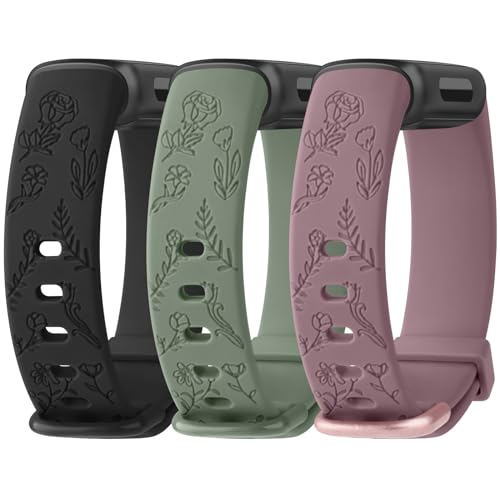 Meliya Kompatibel mit Fitbit Inspire 3 Bändern für Damen und Herren, mit Blumengravur, Silikonarmband, Ersatzarmband für Fitbit Inspire 3 Fitness-Tracker (Schwarz + Grün + Rauchviolett) von Meliya