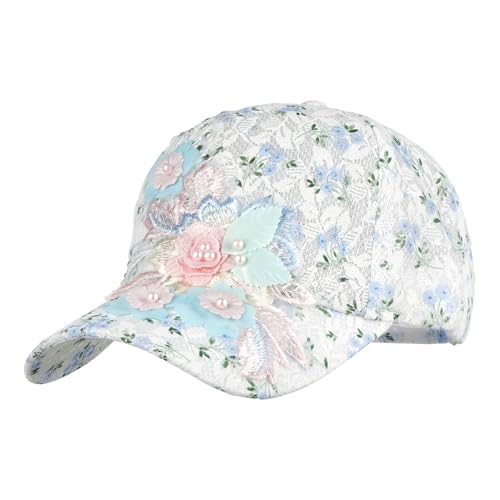 Meliyya Baseball Cap Strass Blumen Perlen Baseballkappe Sommer Spitze Schildkappe Herren Damen Einheitsgröße Verstellbar, Hellblau von Meliyya