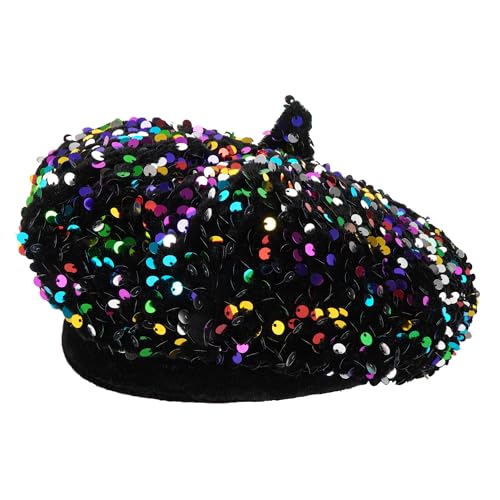 Meliyya Damen Barett Mütze Pailletten Besetzte Baskenmütze Französischer Stil Einfarbig Retro Maler Kappe, Bunt von Meliyya