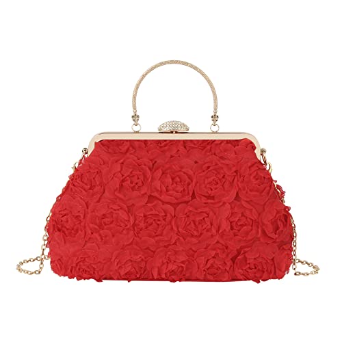 Meliyya Damen Blumen Clutch Strass Brauttasche Kette Schultertasche Handgriff Abendtasche Umhängetasche Hochzeit Prom Party Handtasche, Rot von Meliyya