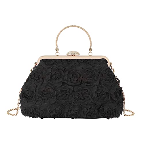 Meliyya Damen Blumen Clutch Strass Brauttasche Kette Schultertasche Handgriff Abendtasche Umhängetasche Hochzeit Prom Party Handtasche, Schwarz von Meliyya