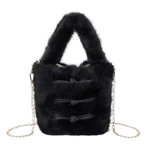 Meliyya Damen Fellimitat Schultertasche Mini Plüsch Umhängetasche Flauschige Handtasche mit Knoten Knöpfe Ketten Plüsch Griff, Schwarz von Meliyya