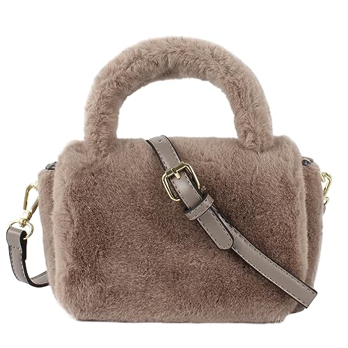 Meliyya Damen Fellimitat Schultertasche Plüsch Umhängetasche Flauschige Handtasche mit PU Leder Gurt Plüsch Griff, Hellkaffeebraun von Meliyya