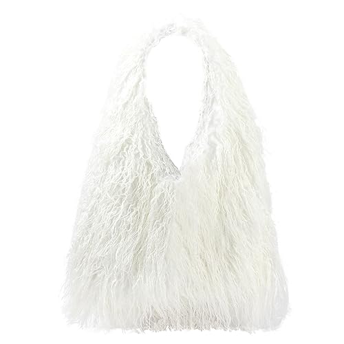Meliyya Damen Fellimitat Schultertasche Tote Bag Flauschige Uni Arbeit Mädchen Schule Große Plüsch Shopper, 40 * 12 * 25cm Weiß von Meliyya