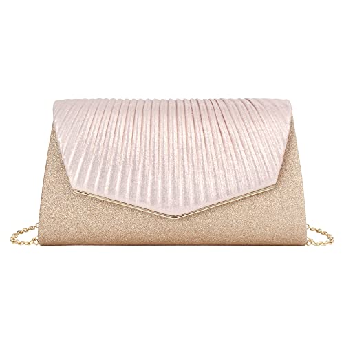 Meliyya Damen Glitzer Clutch Gefaltet Envelope Abendtasche Hochzeit Party Ketten Umhängetasche, Champagnerfarbe von Meliyya